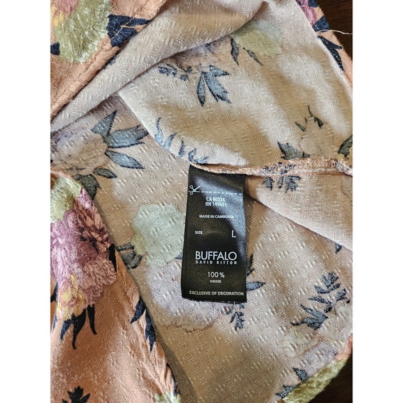 Buffalo David Bitton Blouse Womens Large Floral Short Sleeve Boho Top Tie Neck - Picture 13 of 16